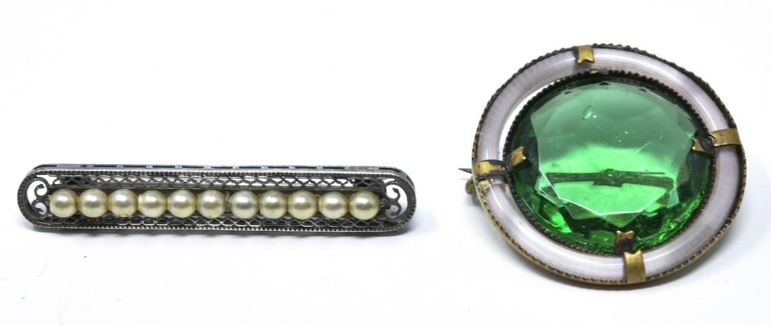 Two Antique Brooch Pins Seed Pearl & Emerald Glass (1 of 6)