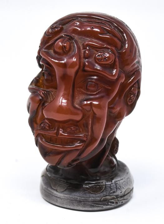 Antique Chinese Erotic Figural Amber Stamp Seal: Chinese Erotic Figural Amber Stamp Seal / Chop. Hand carved Asian chop type seal with four character on bottom. Nude figures make up the face and has an erotic scene on the back of the head. Measures