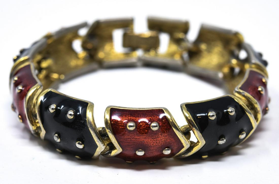 1980s Erwin Pearl Enamel Panel Bracelet: 1980s Erwin Pearl Enamel Panel Bracelet. Metal and enamel signed Erwin Pearl panel bracelet. Measures 7.25 inches.