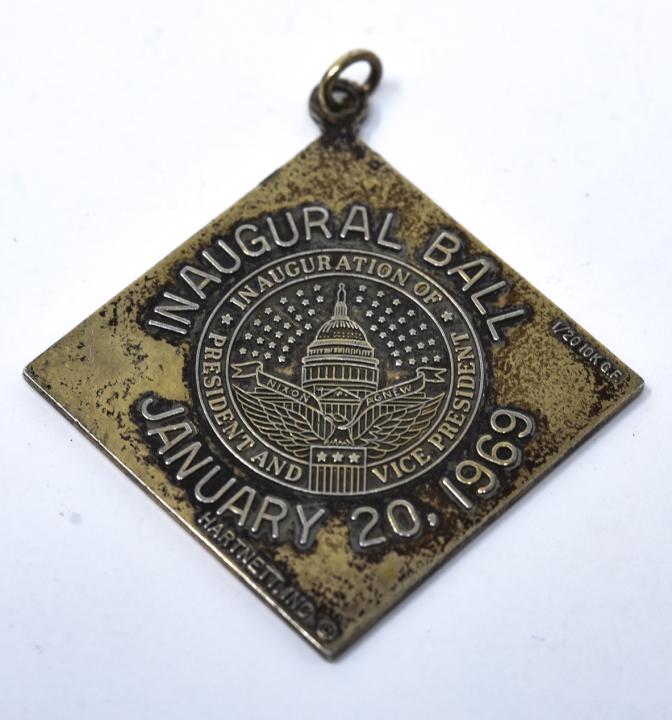 1969 Nixon Inaugural Ball Gold Filled Pendant: 1969 Nixon Inaugural Ball Gold Filled Pendant. Jan 20th 1969 Nixon / Agnew "Forward Together" gold filled pendant with original box. Pendant measures 1.75 inches in length with bail.
