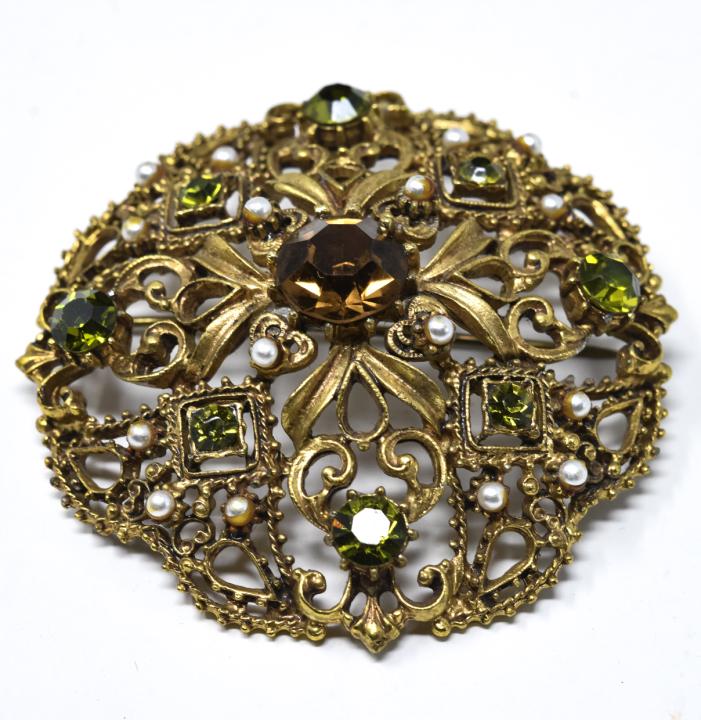 Vintage Florenza Gilt Metal Rhinestone Pendant Pin (1 of 7)