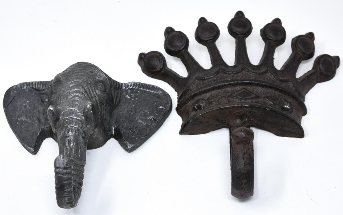 Two Figural Cast Iron Coat Hooks Crown & Elephant (1 of 6)