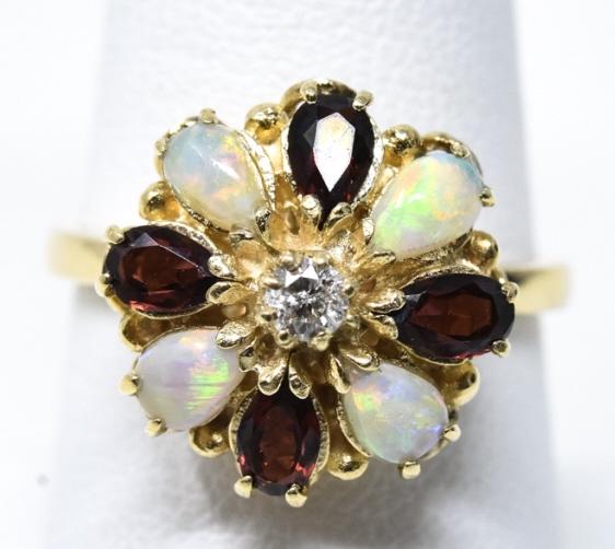 Estate 14k Yellow Gold Diamond, Opal & Garnet Ring (1 of 7)