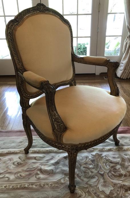 Louis XV Carved & Velvet Upholstered Bergere Chair: Louis XV Carved & Velvet Upholstered Gilt Bergere Chair. Custom upholstered in Maize Velvet. 41 inches x 28 inches x 24 inches