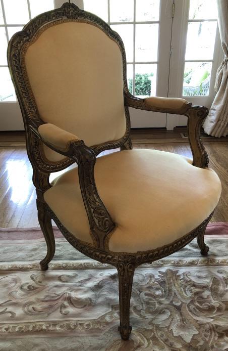 Louis XV Carved & Velvet Upholstered Bergere Chair: Louis XV Carved & Velvet Upholstered Gilt Bergere Chair. Custom upholstered in Maize Velvet. 41 inches x 28 inches x 24 inches