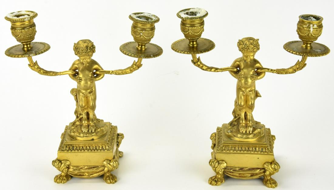 Pair Gilded Bronze Candlesticks w Young Fauns (1 of 8)