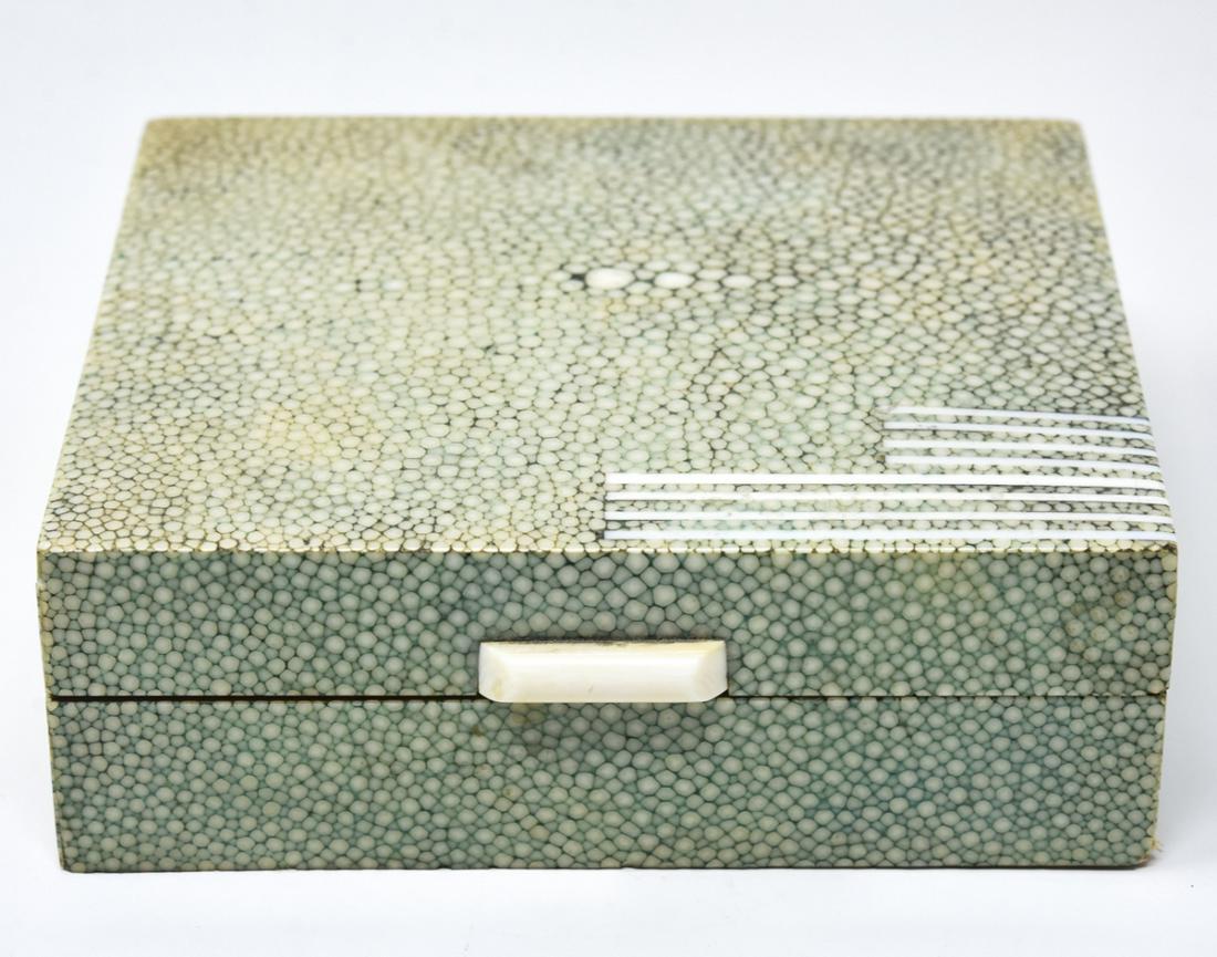 Antique Art Deco Shagreen & Bone Jewelry Table Box: Antique Art Deco Shagreen & Bone Jewelry or Table Box. Shark skin box with bone details. Measures 4.5 x 4 inches.