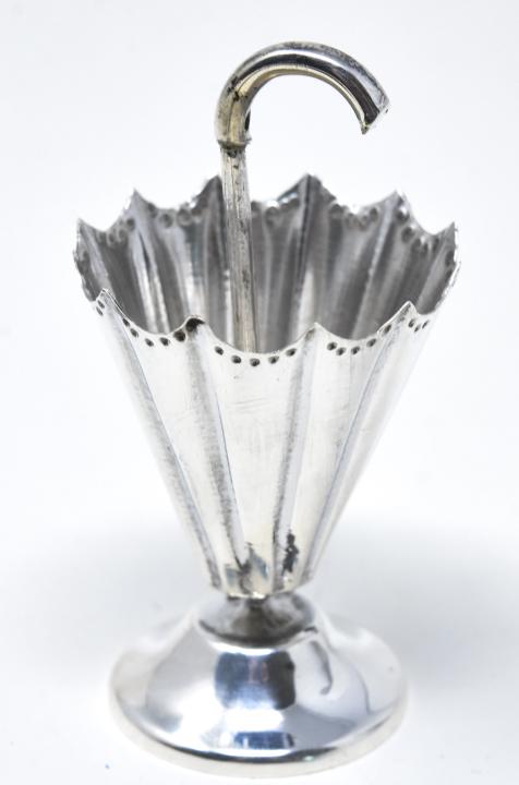 Miniature Sterling Umbrella Stand Toothpick Holder: Miniature Sterling Umbrella Stand Toothpick Holder. Hallmarked. Measures 2.75 inches in height.