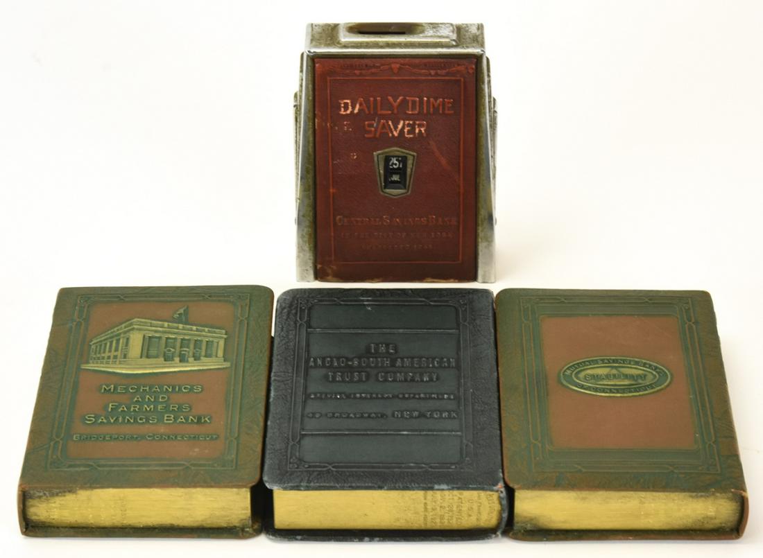 4 Antique Metal Savings Bank Promotional Coin Bank: 4 Antique Metal Savings Bank Promotional Coin Banks from Mechanics and Farmers Savings Bank, Anglo South American Trust Company, and Central Savings Bank. Approximately 5 inches x 4 inches