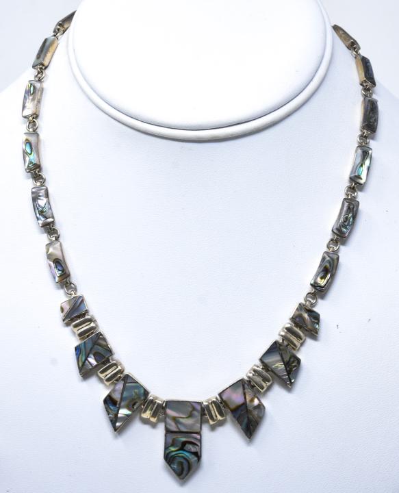 NCB C 1950 950 Silver & Abalone Choker Necklace: C 1950 950 Silver & Abalone Choker Necklace. 950 sterling silver and abalone choker necklace. Signed Montera. Measures 17 inches.