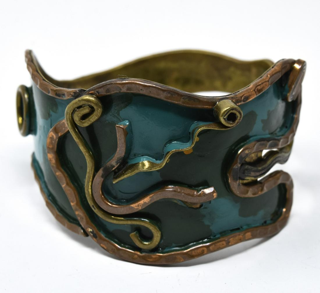 KON Maya of Mexico Copper & Enamel Bracelet: Maya of Mexico Copper & Enamel Bracelet. Alligator design copper and enamel bracelet by Maya of Mexico, marked on interior. Measures 2.5 inches across the interior opening.