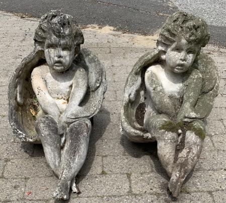 Pair Cast Stone Figural Seated Putti Angel Statues (1 of 5)
