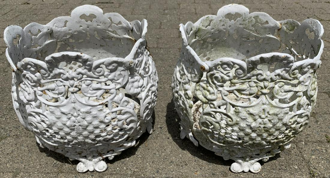 Pair Antique Cast Iron Reticulated Garden Planters (1 of 4)