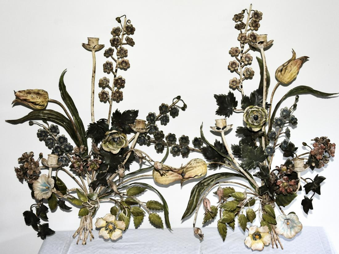 Pair of Antique Hand Painted Tole Metal Sconces (1 of 9)
