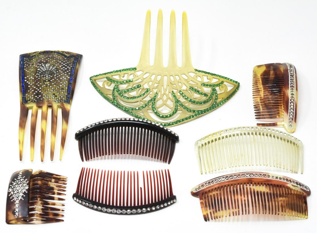 Lot of Antique Faux Tortoise and Paste Combs: Lot of Antique Faux Tortoise and Paste Combs – An assorted lot of 8 vintage and antique hair combs including paste embellishments. For scale the largest one with green pastes is approximately 5 x 5