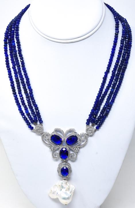 Four Strand Sapphire Bead Necklace w Baroque Pearl (1 of 6)
