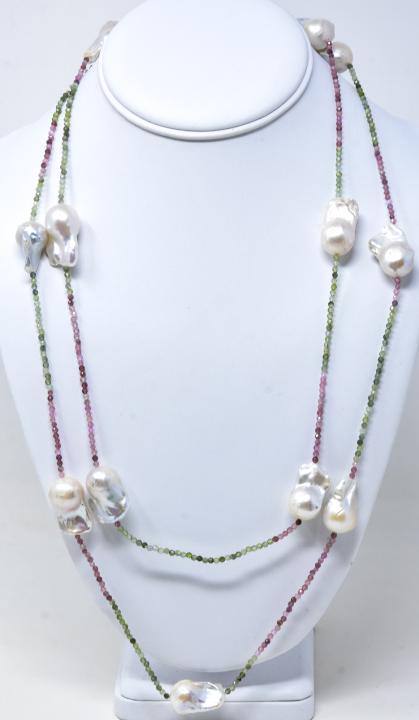 Cultured Baroque Pearl Emerald Tourmaline Necklace: Impressive Cultured Baroque Pearl, Emerald & Tourmaline Beaded Necklace Strand. Necklace features twelve cultured baroque pearls from Vietnam with a high luster in varying lengths from 22 to 25 mm in 