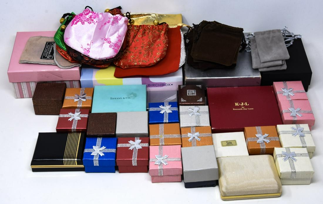 Collection of Vintage & Contemporary Jewelry Boxes: Collection of Vintage & Contemporary Jewelry Boxes, Dust Covers, Pouches. Including designer examples by Tiffany & Co and Kenneth Jay Lane / KJL