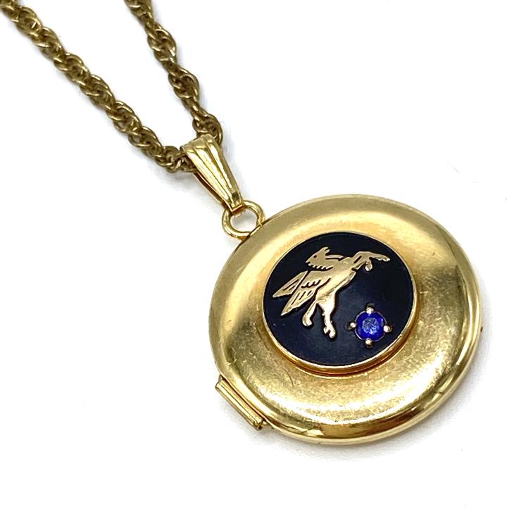 Art Deco Sapphire & Gold Filled Pegasus Locket: Art Deco Sapphire and Gold Filled Pegasus Locket Necklace Pendant – On a vintage 19” gold-filled rope necklace. Locket appears to never have been used. Stamped on the inside 1/20 12K gold filled. 