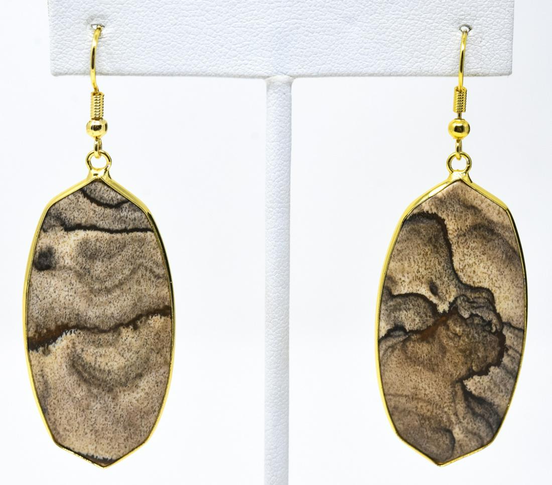 Pair Gold Plated Border Hardstone Panel Earrings (1 of 4)