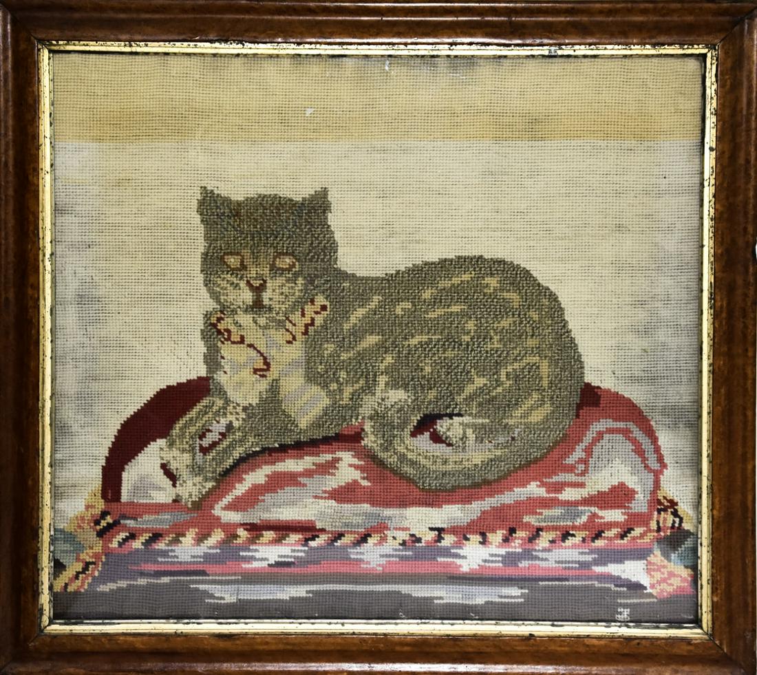 Antique 19th C Needlepoint Tapestry of a Cat (1 of 5)