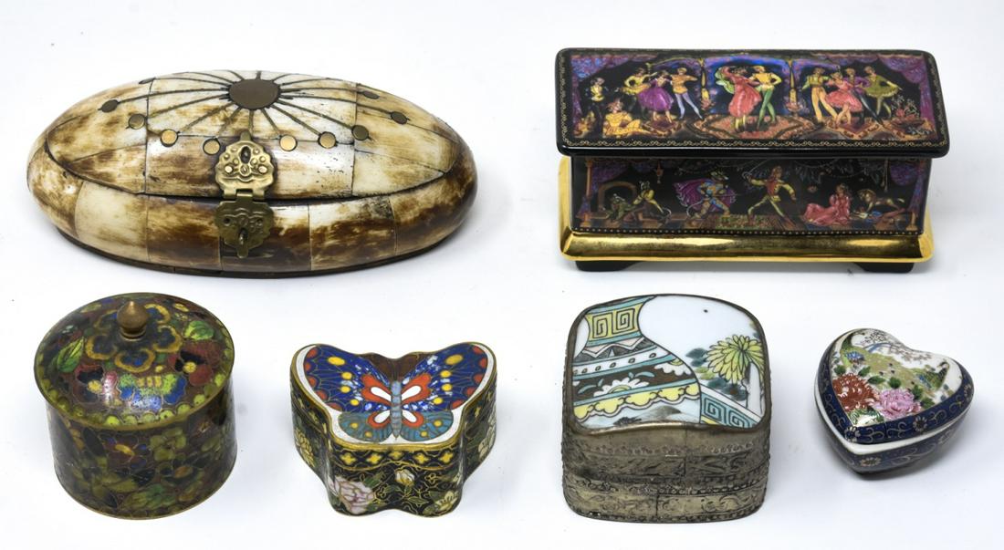 Collection of Chinese & Russian Decorative Boxes: Collection of Chinese & Russian Decorative Boxes. Including porcelain, bone and enamel. Russian box measures 5 inches in length.
