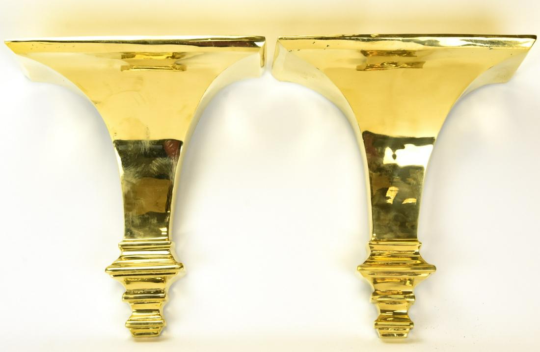 Pair Heavy Brass Traditional Style Wall Brackets: Pair Heavy Brass Traditional Style Wall Brackets. Gilded brass wall brackets. Each measures 13 inches x 11 inches x 6 inches.