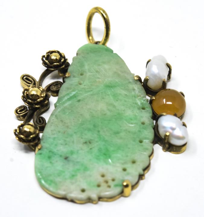 Arts & Crafts Antique Jade Pearl Carnelian Pendant: Arts & Crafts Antique Jade Pearl Carnelian Pendant. Arts & crafts pendant with antique hand carved jade, pearl and carnelian accents. Measures just over 1.75 inches in length with bail.