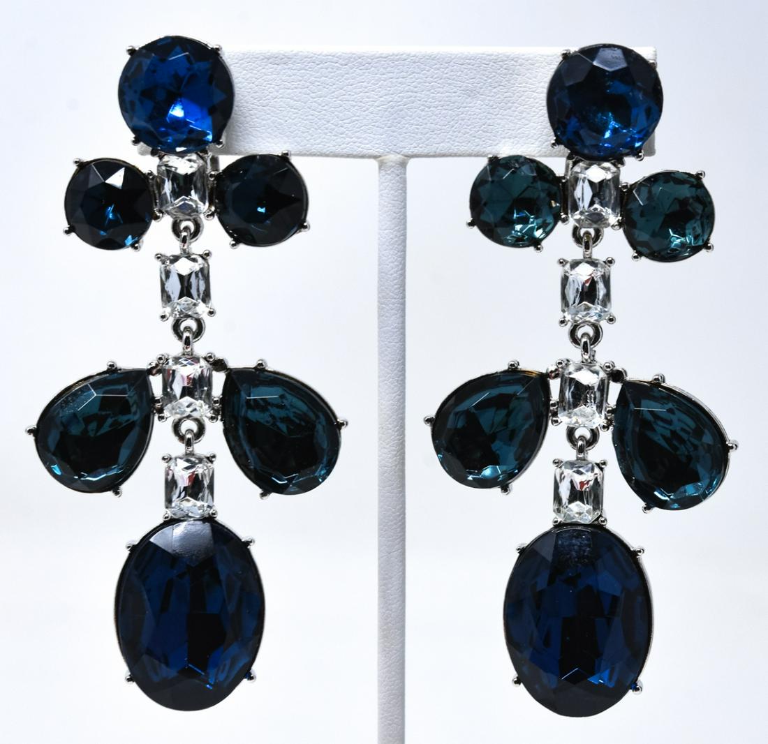 Pair KJL Large Scale Drop Clip Earrings: Pair KJL Large Scale Drop Clip Earrings. With large blue and clear paste stones. Statement earrings. In original box with dust bag. 3 inches in length.
