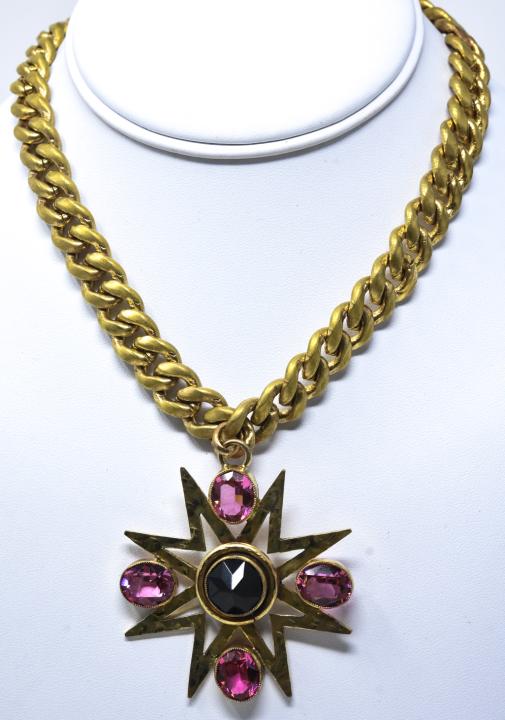 C 1970 YSL Heavy Curb Link Star Pendant Necklace: C 1970 YSL Heavy Curb Link Star Pendant Necklace. Yves Saint Laurent heavy curb link chain with jeweled star pendant. Chain measures 15.25 inches pendant measures 2 inches.