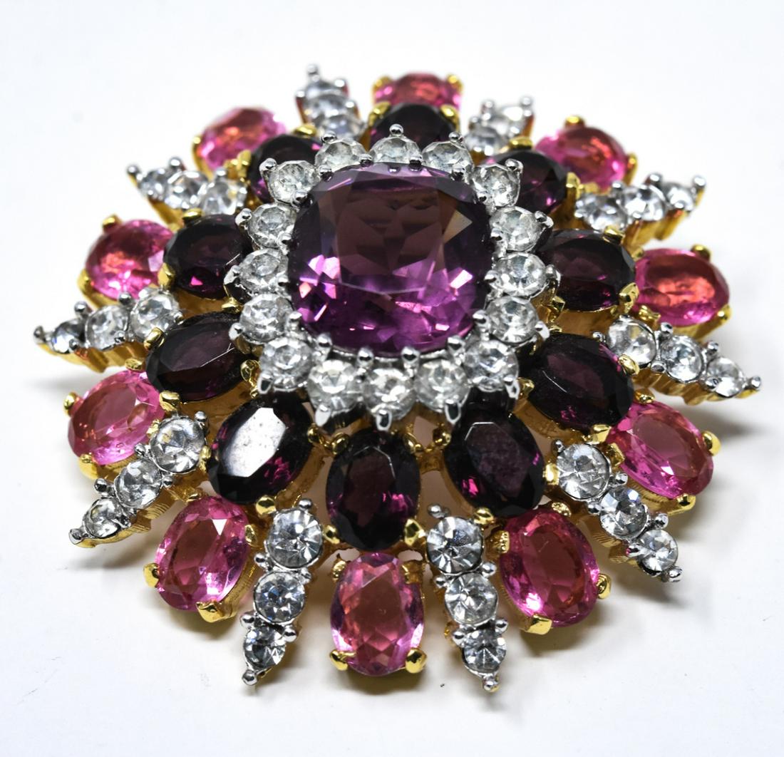 Jomaz Amethyst & Tourmaline Crystal Brooch: Jomaz Amethyst & Tourmaline Crystal Brooch. Amazing Jomaz amethyst and tourmaline prong set crystal brooch with clear paste accents and rays. Measures 1 3/4 inches, 20mm in depth.