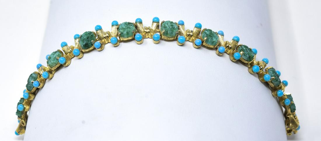 Jomaz C 1975 Gilt Faux Jade Turquoise Bracelet: Jomaz C 1975 Gilt Faux Jade Turquoise Bracelet. Jomaz signed bracelet with gilt x shaped links with turquoise beads alternating with faux jade floral ovals. Measures 7.5 inches.