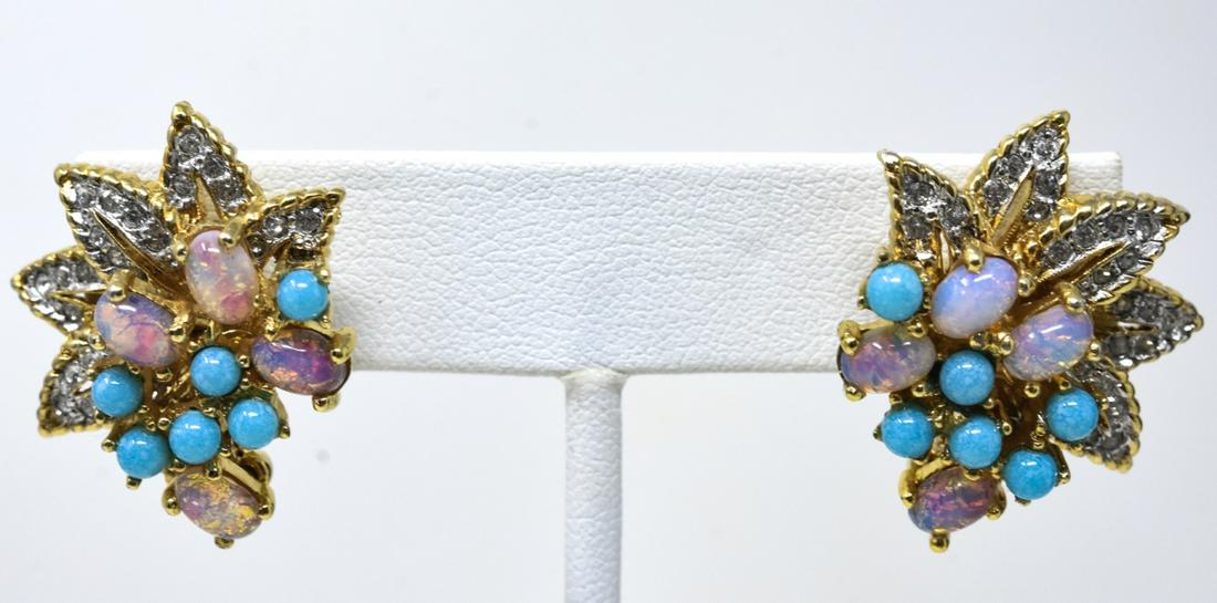 Pair Jomaz C 1970 Gilt Leaf Clip Earrings: Pair Jomaz C 1970 Gilt Leaf Clip Earrings. Gilt leaves with paste pave, opal art glass and turquoise spheres. Each measures 1 inch.