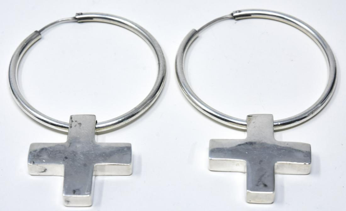 Pair Sterling Large Hoop Earrings W Cross Pendants: Pair Sterling Large Hoop Earrings W Cross Pendants. Pair large sterling hoop earrings with removable cross pendant. Hoops measure 2 inches in diameter.