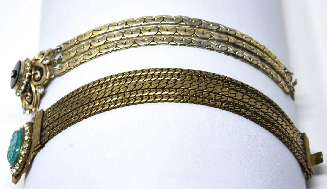 2 Victorian Style Multi Strand Curb Chain Bracelet: 2 Victorian Style Multi Strand Curb Chain Bracelets. Two Victorian style bracelets with gilt multi strand curb links and paste framed cluster hidden box clasps. 7 inches.