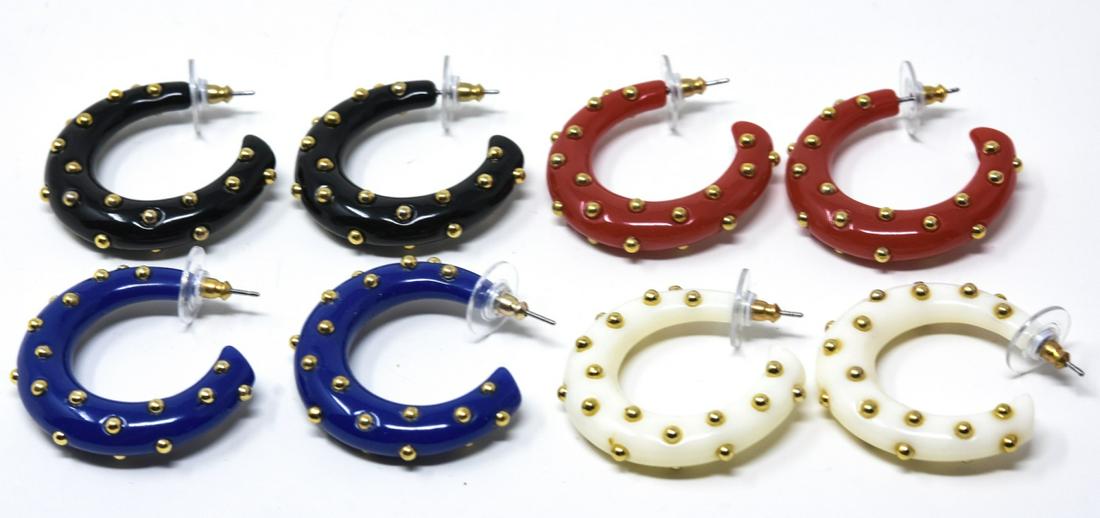 Four Pairs of Kenneth J Lane Acrylic Hoop Earrings: Four Pairs of Kenneth J Lane Acrylic Hoop Earrings w Stud Details. In original fitted box. Each measures 1.25 inches in diameter.