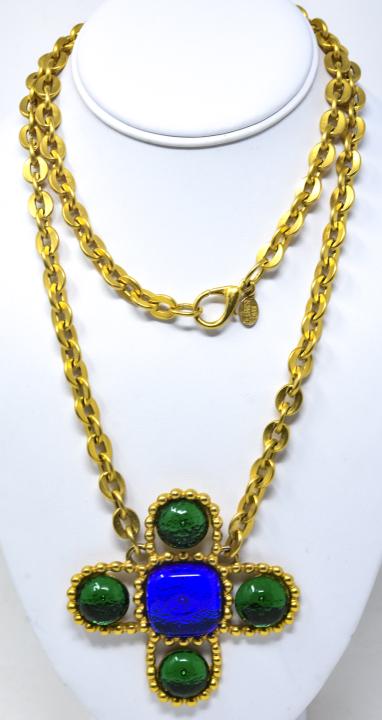 Vintage PH Leandri Paris Art Glass & Gilt Necklace: Vintage PH Leandri Paris Art Glass & Gilt Necklace. Circa 1980s. Signed. Set with cabochon art glass panels with silvered backs. Chain measures 34 inches in length.