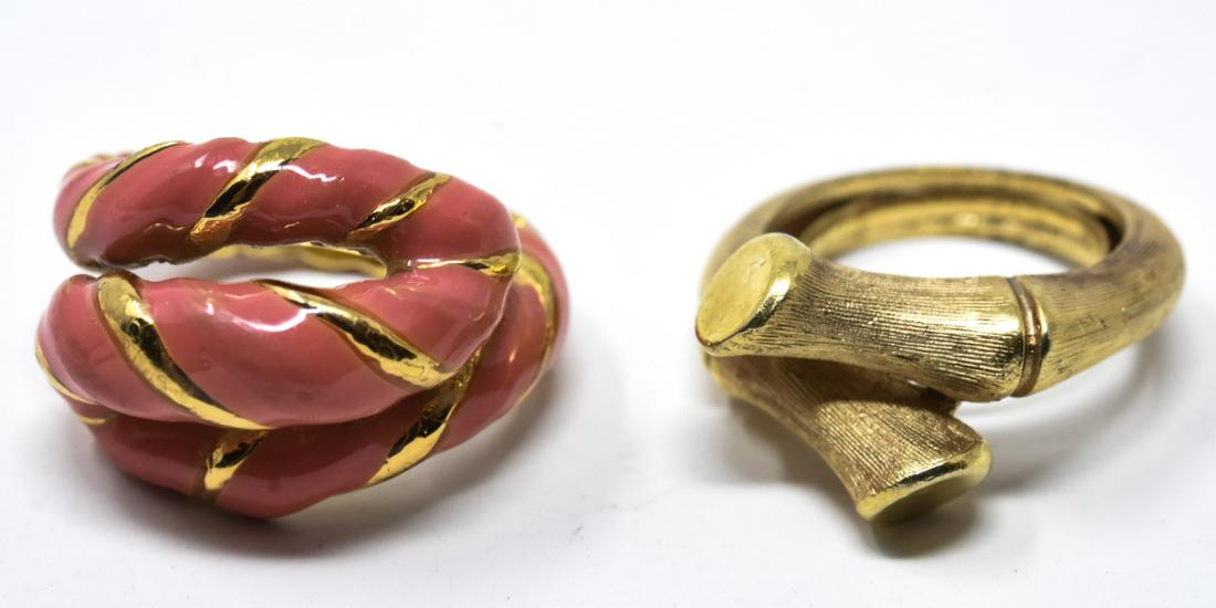 Two C 1970s Vintage Rings - Trifari & Ciner: Two C 1970s Vintage Rings - Trifari & Ciner. Faux bamboo and coral tones in gilt metal. Signed. Slightly adjustable sizes.