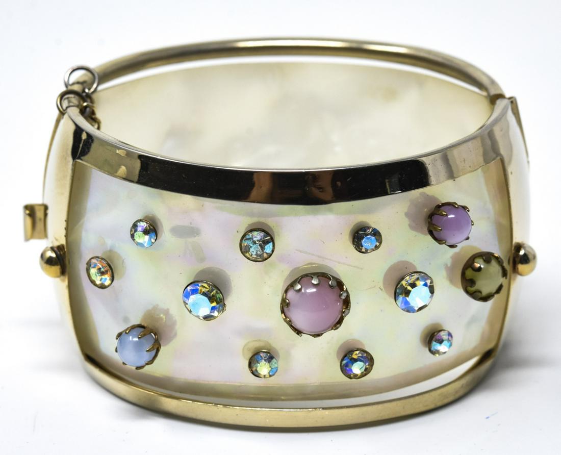 Vintage Faux Mother of Pearl & Rhinestone Bracelet: Vintage Faux Mother of Pearl & Rhinestone Bracelet. hinged bangle bracelet with safety chain. Measures 2.5 inches across interior opening.