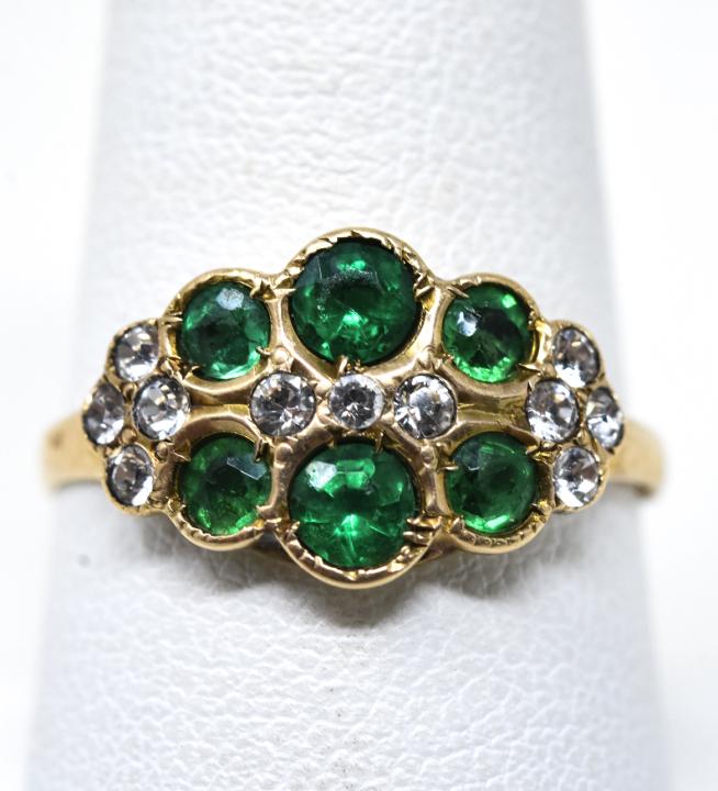 Antique 14k Gold Emerald & Diamond Paste Ring: Antique 14k Gold Emerald & Diamond Paste Ring. Weighs approximately 1.9 grams total. Ring size 9.