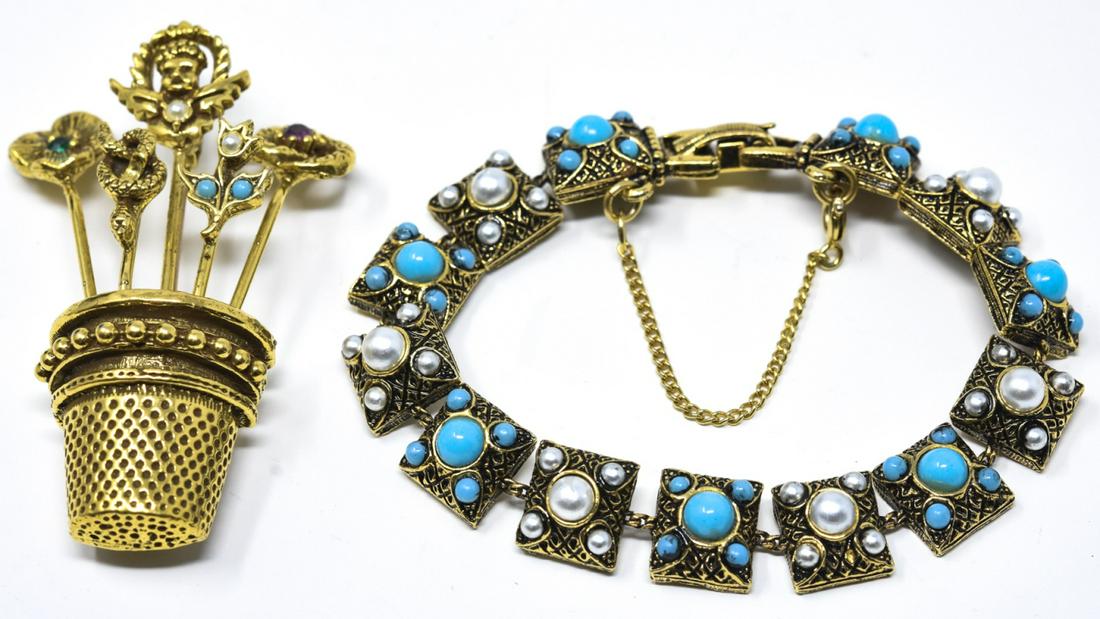 Victorian Style Bracelet & Bouquet Brooch / Pin: Victorian Style Bracelet & Bouquet Brooch / Pin. This lot includes a Victorian style bracelet with faux turquoise and pearl panels and a pin with a bouquet in thimble motif. Bracelet measures 7.25 inc