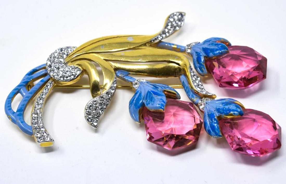 C 1940 Victor Silson Large Enamel Floral Brooch: C 1940 Victor Silson Large Enamel Floral Brooch. Gilt enamel with large pink crystal flowers and clear paste accents. Measures 3.75 inches. Signed.