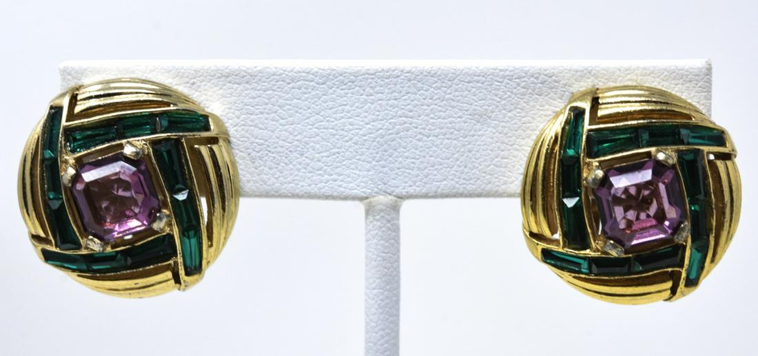 Pair of Vintage Marcel Boucher Clip on Earrings: Pair of Vintage Marcel Boucher Clip on Earrings. Gilt metal with rhinestones. Signed with phrygian mark and numbered 3523. Each measures 7/8ths of an inch in diameter.
