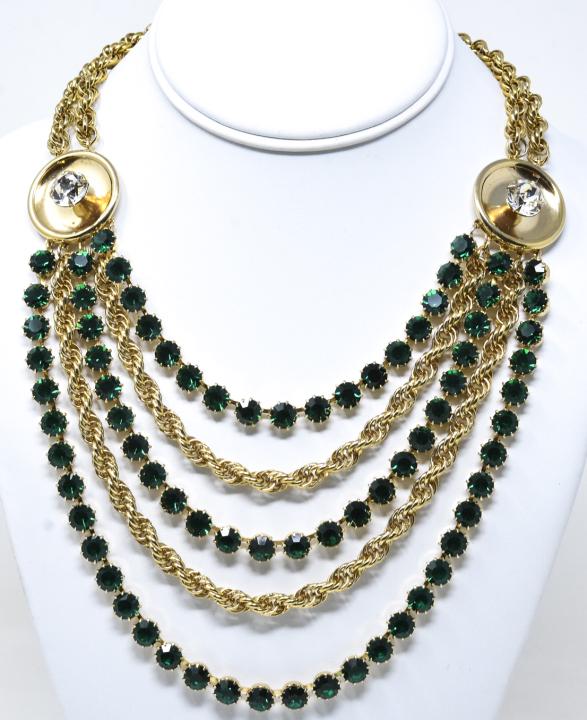 Napier C 1950 Retro Design Statement Necklace: Napier C 1950 Retro Design Statement Necklace. Gilt with chains, round stations with rhinestone chain swag front. Measures 17.25 inches.