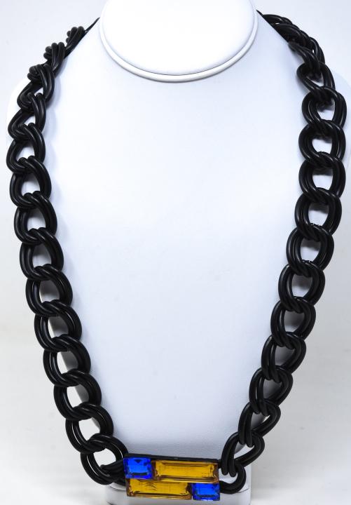 Anne Klein C 1980 Black Curb Chain Necklace: Anne Klein C 1980 Black Curb Chain Necklace. With rectangular station of blue square and yellow paste. Measures 26 inches. Signed.