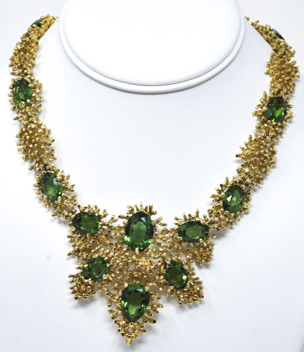 C 1970s Amazing Panetta Gilt Dimensional Necklace: C 1970s Amazing Panetta Gilt Dimensional Necklace. Gilt dimensional coral like settings with tourmaline paste ovals, cluster front. In the manner of Andrew Grima. Measures 16.25 inches.