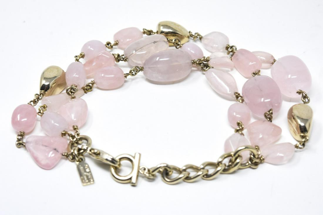Ferragamo Natural Rose Quartz Stone Bead Bracelet: Ferragamo Natural Rose Quartz Stone Bead Bracelet. French wrapped and gilt beads, with gilt logo chain. Measures 9.25 inches.