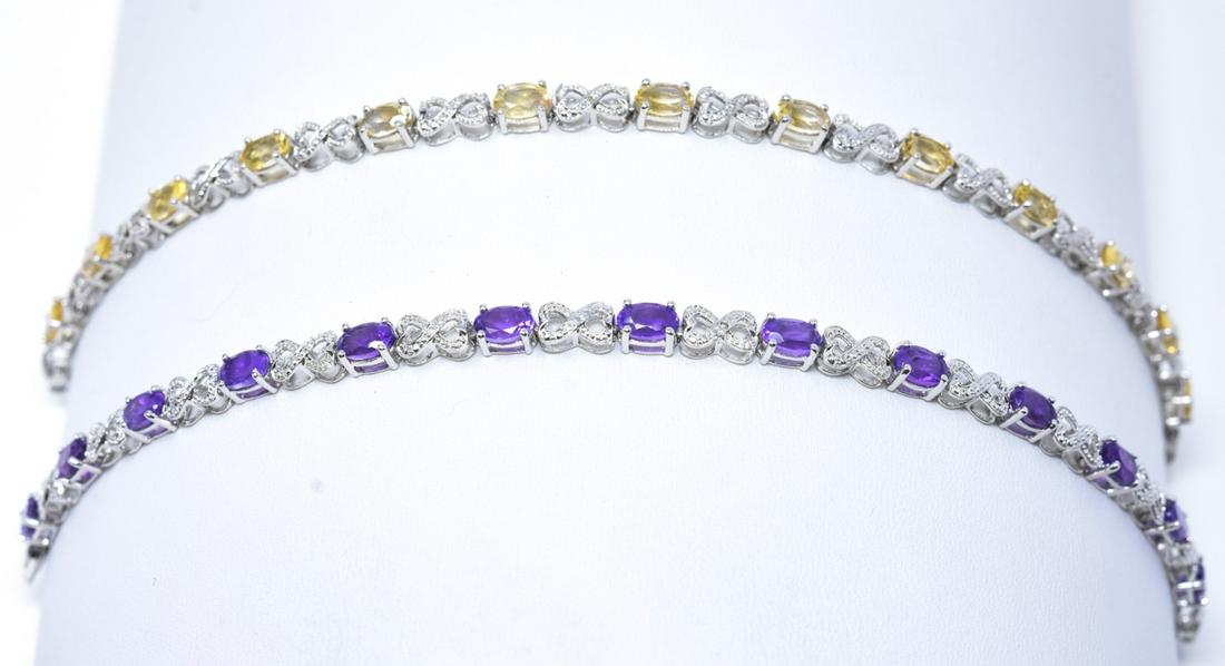 2 Sterling Silver Infinity Heart Link Bracelets: 14k Gold & Freshwater Pearl Necklace & Earrings. One with yellow stones, one with amethyst stones. 7.5 inches in length.