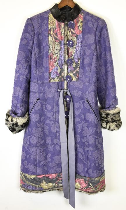 1990's Designer Tuleh Tapestry Fur Trimmed Coat: 1990s Designer Tuleh Tapestry and Brocade Floral Print Metallic Filigree Genuine Fur Trimmed Coat. 41inches long, 16 inches across shoulder, sleeves are 22 inches long.