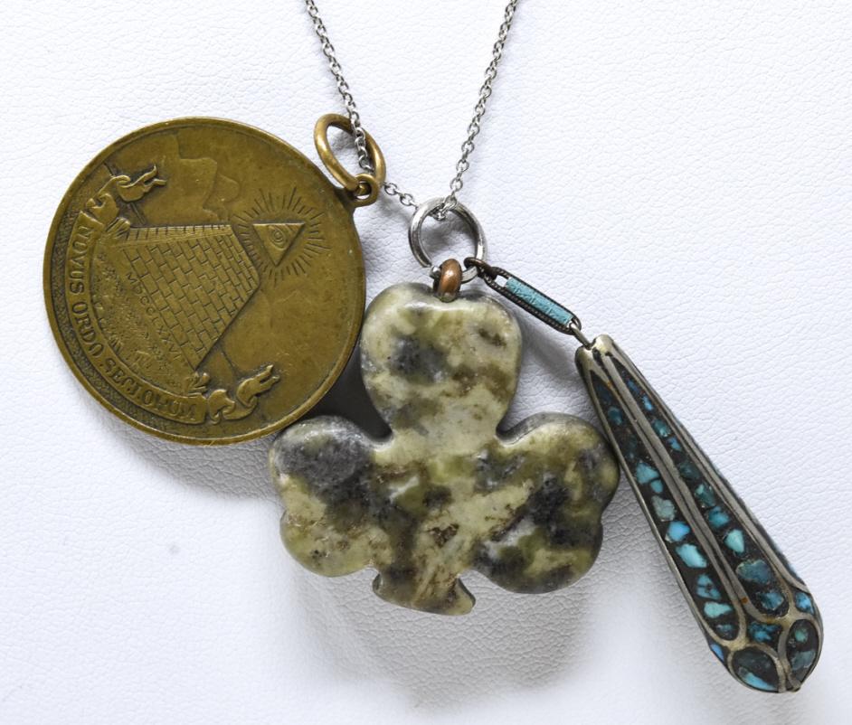 Sterling Chain w Masonic, Connemara & Turquoise: Sterling Necklace Chain w Masonic, Carved Connemara Clover & Turquoise Mosaic Medals / Pendants. Chain measures 18 inches in length.